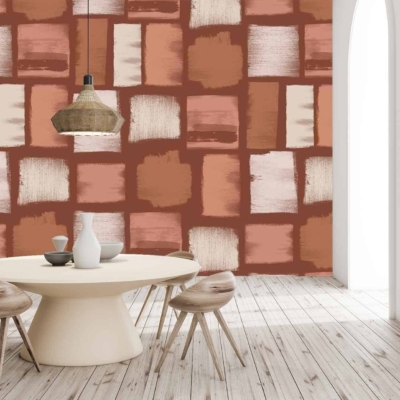 The wallpaper features a geometric pattern in shades of brown and beige. The design includes interlocking shapes that create a modern, stylish aesthetic. This backdrop adds depth and texture to the room, complementing the light wooden flooring and creating visual interest behind the dining setup.