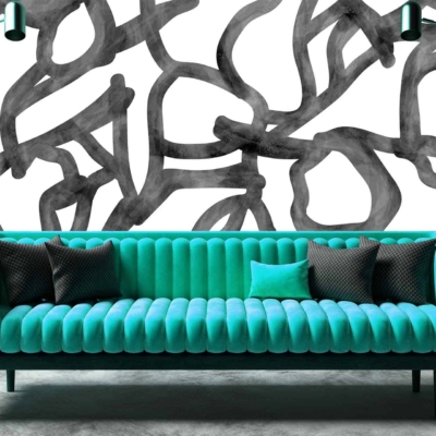 The wallpaper features a white background decorated with an abstract black line pattern.