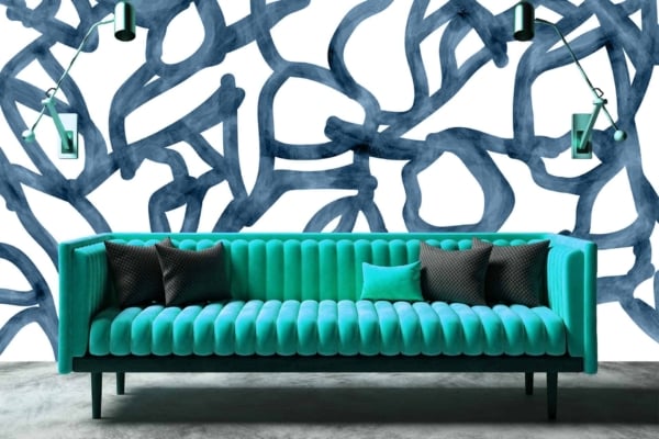 Abstract swirling navy blue pattern on white wall, reminiscent of an adventurous journey.