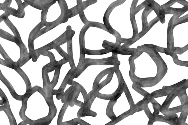 An abstract wallpaper featuring a chaotic intertwining of bold, black curved lines on a white background. The complex pattern evokes the feeling of an unpredictable journey, with no discernible shapes or forms. Elements include bold black curves and intricate linework against a stark white backdrop, creating dynamic contrast and movement.