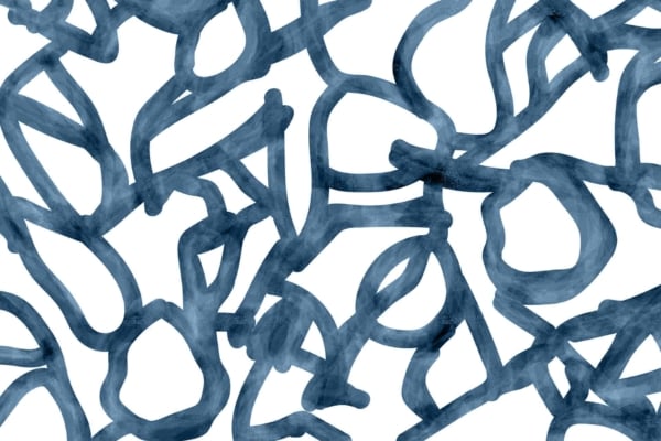 Abstract wallpaper pattern with intertwining blue lines and shapes on a white background. Features a mix of loops, curves, and angular lines, creating dynamic visual engagement. Key elements: blue lines, loops, curves, angular shapes. Colors: blue and white.