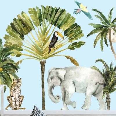 Colorful mural, jungle animals, tropical plants, elephant, toucan on large leaf, leopard on ground, two sloths in trees, parrot in flight, light blue background.