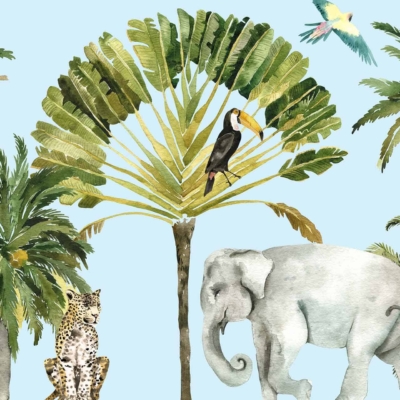 Whimsical watercolor-style jungle wallpaper with animals: toucan on a branch, two sloths hanging, leopard sitting, elephant standing, colorful parrot in flight. Features lush palm trees and large leaves. Dominant colors: green (foliage), blue (background), vibrant hues for animals like yellow and red for the parrot's feathers.