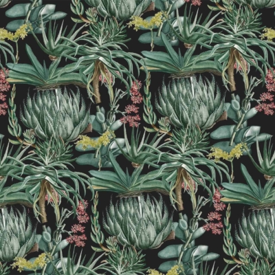 Seamless botanical pattern wallpaper featuring various succulents and desert plants in shades of green, yellow, red, and pink on a dark background. The repeating arrangement creates a dense and lush garden-like tapestry. Key elements include diverse succulents, desert flora, and rich colors for an artistic escape feel.