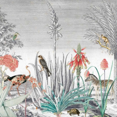 Intricate and colorful tropical scene wallpaper with lush plants, tall palm trees, flowering plants, dense foliage. Features animals like birds, zebras, monkeys, a turtle, insects. Captivating grayscale background.