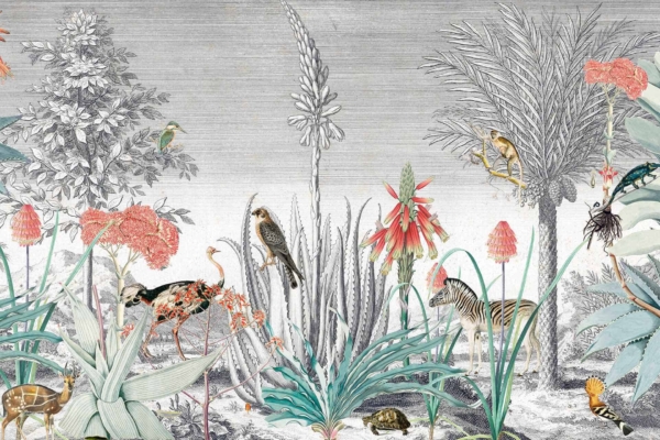 Intricate and colorful tropical scene wallpaper with lush plants, tall palm trees, flowering plants, dense foliage. Features animals like birds, zebras, monkeys, a turtle, insects. Captivating grayscale background.