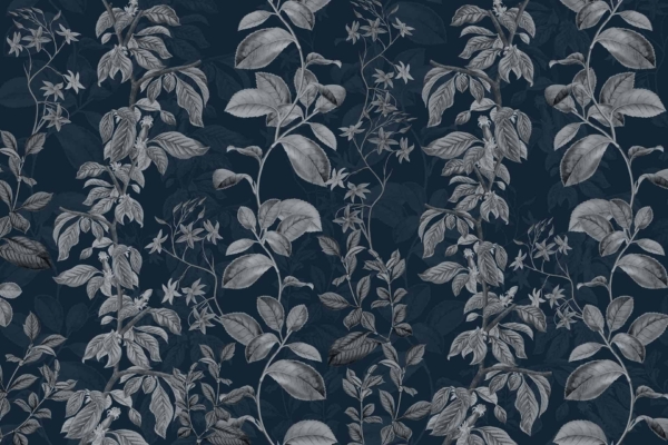 Seamless, dark botanical wallpaper with intricate illustrations of plants and vines. Detailed leaves and flowers in soft grey shades. Deep navy blue background. Patterns evoke a soothing touch of kind words. Sophisticated and elegant look.