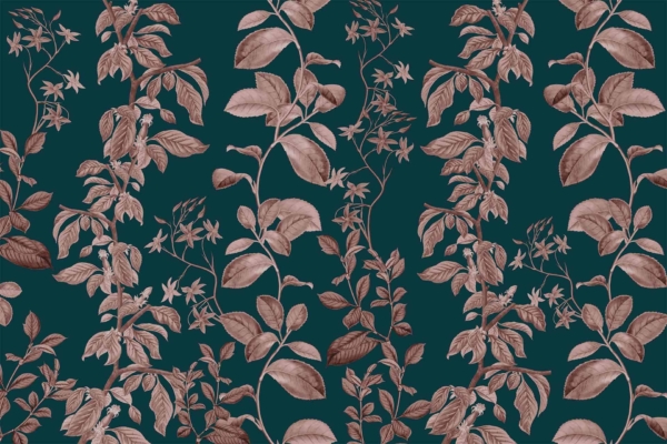 Vertical vines with detailed pinkish-brown leaves and small flowers set against a dark teal background. The design repeats symmetrically, creating an elegant pattern suitable for wallpaper or fabric. Elements include: vertical vines, detailed leaves, small flowers. Colors: pinkish-brown, dark teal