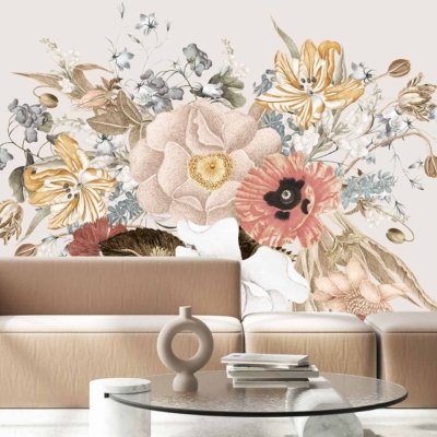 A large, detailed mural features various flowers in neutral tones. It prominently displays a large pink rose and yellow lilies among other delicate blossoms. The wallpaper's color palette includes pink, yellow, beige, and soft greens.
