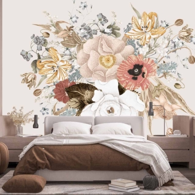 A bedroom with a large floral mural features rich hues of deep burgundy, lush green leaves, delicate ivory petals, and subtle touches of gold. The wallpaper's intricate design illustrates blooming roses and peonies, giving the room an elegant and sophisticated atmosphere reminiscent of Lady Edith.