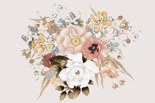 Delicate floral wallpaper inspired by Lady Edith. Large white rose centerpiece, surrounded by smaller pink, yellow, and beige blooms. Soft green foliage interspersed. Light grey background. Elegant muted tones and subtle vintage charm perfect for a sophisticated touch.