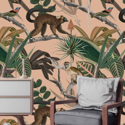 Vibrant mural with monkeys, lemurs, birds, and lush tropical plants. Detailed, illustrative style. Earthy color scheme with green, brown, and tan hues.