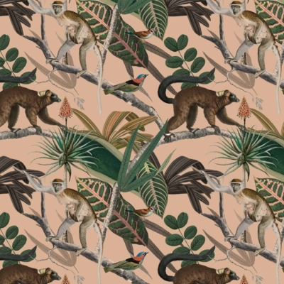 A seamless wallpaper pattern featuring monkeys, colorful birds, and lemurs amidst lush tropical foliage. Includes a variety of detailed leaves and plants on a light peach background. Highlights: vibrant jungle theme, diverse animals, rich greens and browns for foliage, splashes of bright colors from birds and primates.
