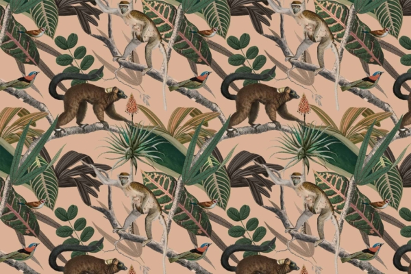 A seamless wallpaper pattern featuring monkeys, colorful birds, and lemurs amidst lush tropical foliage. Includes a variety of detailed leaves and plants on a light peach background. Highlights: vibrant jungle theme, diverse animals, rich greens and browns for foliage, splashes of bright colors from birds and primates.
