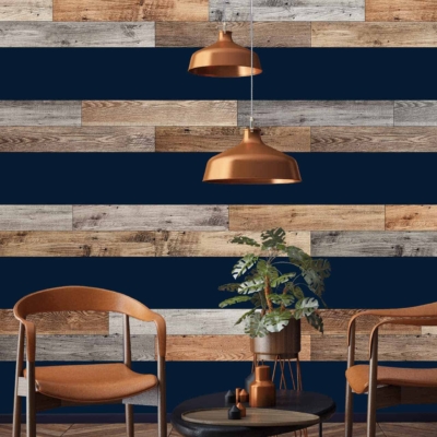 The wallpaper features alternating wood and dark blue horizontal stripes.