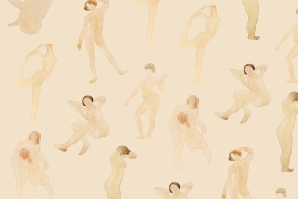 Beige background, pattern of watercolor figures, various poses (standing, stretching, sitting), minimal facial details, soft earthy tones.