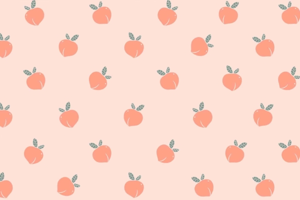 A seamless pattern of little peaches with green leaves evenly arranged on a light peach-colored background. Simple, stylized peaches and green leaves. Minimalist and aesthetically pleasing design. Uniformly spaced for an elegant look.