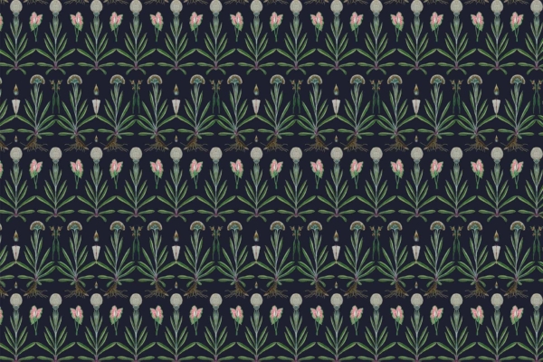 A seamless wallpaper pattern featuring stylized plants and flowers against a dark background. The "Local is Lekker" vibe is evident with rows of green leaves, pink flowers, white blossoms, and geometric shapes repeating horizontally.