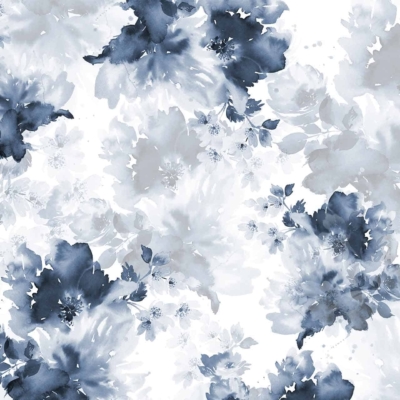 Seamless floral pattern wallpaper with abstract watercolor flowers in shades of blue and gray on a white background. The flowers vary in size and overlap slightly, creating a soft, dreamy effect. Small leaves and details are interspersed throughout the design. Highlighted elements: blue flowers, gray flowers, white background, watercolor effect, overlapping flowers, small leaves.

