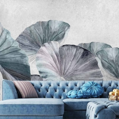 Large artistic lotus leaves, shades of blue and gray.