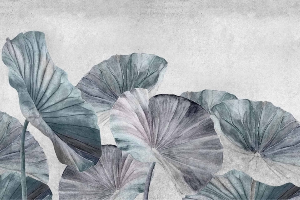 Wallpaper features:
- Large, overlapping leaves
- Varying shades of green and gray
- Prominent veins
- Light gray, textured background
- Evokes tranquility and serenity of a lotus field