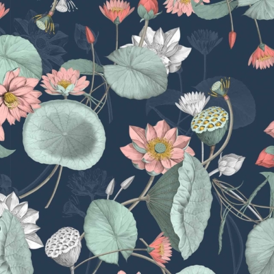 A detailed botanical illustration features pink and white lotus flowers with large green leaves and lotus pods, set against a dark blue background. The wallpaper includes delicate lines and shading, with vibrant floral patterns that evoke the serenity of yoga and meditation. Key elements: pink lotus flowers, white lotus flowers, large green leaves, lotus pods, dark blue background.
