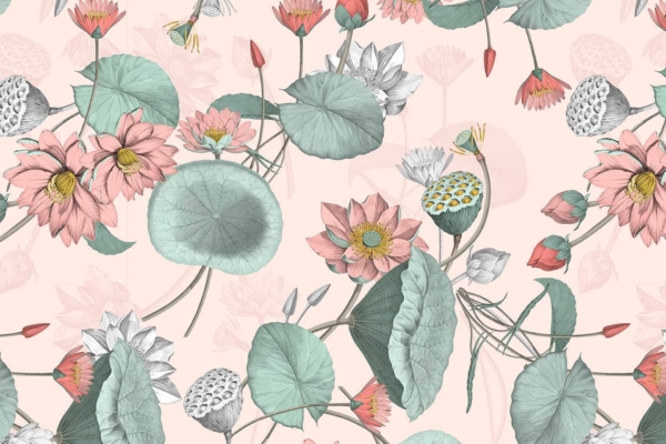 Illustrated floral wallpaper pattern with light pink and white lotus flowers, green leaves, and seed pods on a pale background. The flowers are depicted in various stages of bloom. The design evokes tranquility and serene focus, featuring elements of delicate elegance perfect for meditation-themed decor.