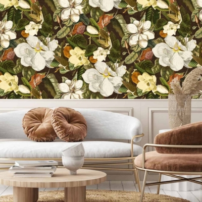 Vibrant floral wallpaper with colorful flowers. Includes white magnolias, yellow blooms on a dark background.