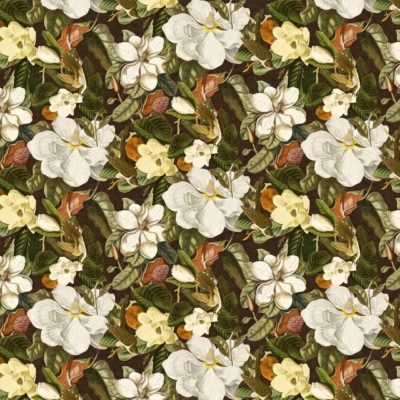 Seamless floral pattern wallpaper featuring white and yellow flowers, green leaves, and brown accents on a dark background. The vintage Magnolia-inspired design includes various sizes of blooms and dense, intricate foliage arrangement.