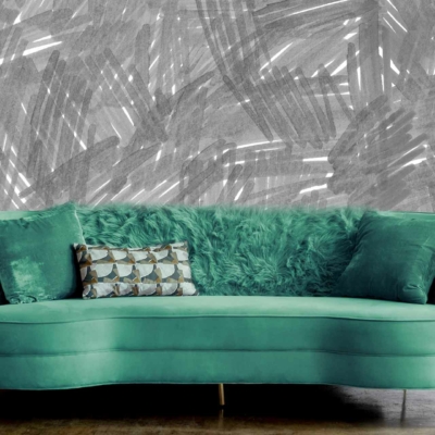 Abstract textured gray wallpaper with various shades of light and dark gray. The design is intricate and visually captivating, creating a clean and contemporary aesthetic.