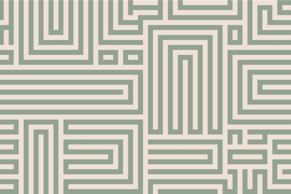 Wallpaper Description: A complex pattern of interconnected geometric shapes and lines in shades of green and off-white. Design features: rectangles, squares, maze-like paths. Colors: green, off-white.