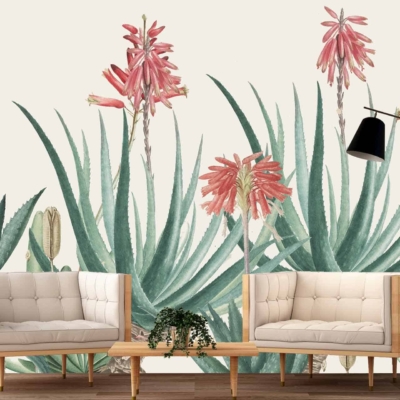 A vibrant wall mural with aloe vera plants and red aloe flowers. Elements include lush green aloe leaves and striking red flowers.