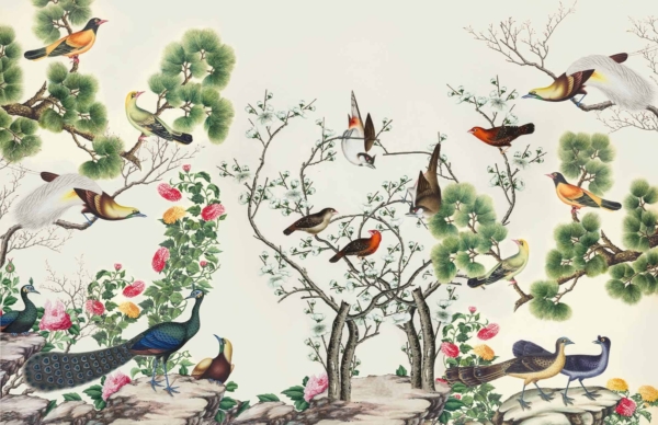 A vibrant digital wallpaper features various birds, including peacocks, robins, and finches, perching on tree branches and rocks surrounded by blooming flowers and lush greenery. The colorful birds bring a lively touch to the natural scene with vivid hues of blue, red, yellow, and green. Perfect for brightening up any meeting room or conference space. Keywords: vibrant digital wallpaper, peacocks, robins, finches, tree branches, rocks, blooming flowers, lush greenery.