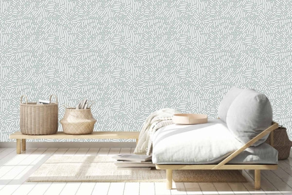 The wallpaper in the Minimalist bedroom is light gray with an organic pattern. It features soft, flowing lines that mimic nature, infusing subtle movement into the space. The gentle hues and intricate design add depth without overwhelming, blending seamlessly with the room's neutral tones. This wallpaper enhances the calm ambiance created by natural light and a serene color palette, making it ideal for both meetings and relaxation.