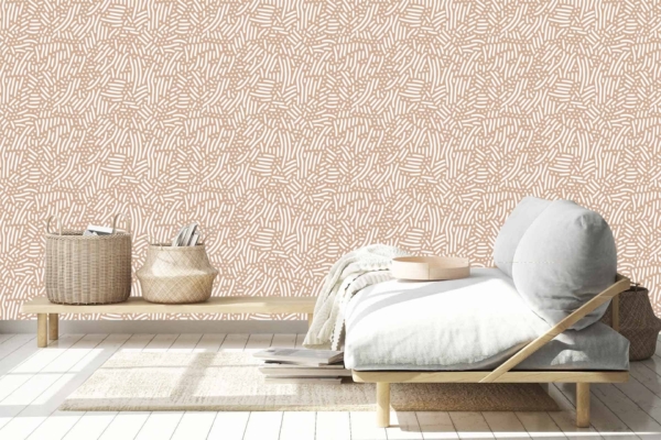 The wallpaper is beige with a subtle, intricate pattern.