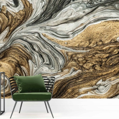 The wallpaper features a molten marble pattern with swirling elements of black, white, and gold colors.