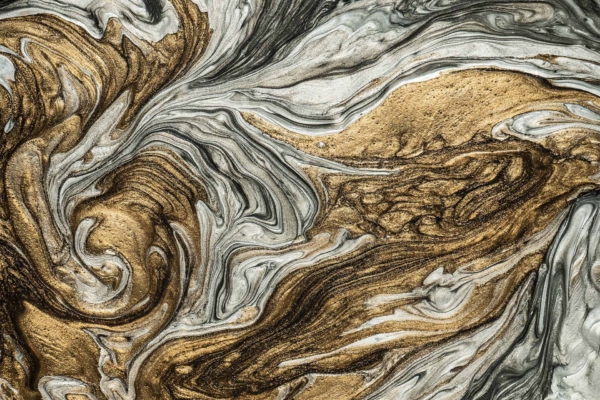 A close-up image of swirling, abstract patterns featuring metallic gold, black, and silver colors. The texture resembles molten lava or marbled stone with intricate, fluid lines and a rich metallic luster. Highlights include flowing gold streaks intertwining with deep black swirls and shimmering silver accents. Ideal for search terms: "abstract metallic wallpaper," "gold black silver molten pattern," "marbled stone texture.