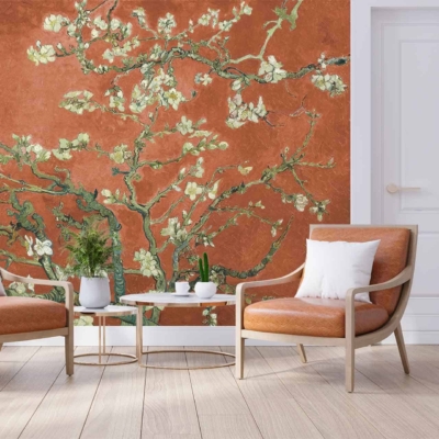 Textured warm orange background, large wall mural, blossoming branches.