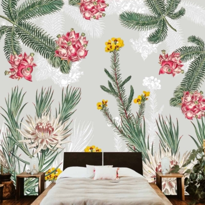 Vivid botanical mural featuring green leaves, pink flowers, and yellow flowers.
