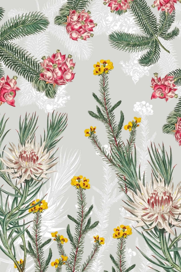 A detailed botanical illustration on a gray background showcases an array of plants and flowers. The composition includes large white flowers with spiky green leaves, smaller yellow flowers on slender stems, pink cluster flowers mingling with green pine-like leaves, and ornamental Napier providing additional texture. Key colors are white, green, yellow, and pink against the gray backdrop. Floral elements and various textures stand out prominently within the wallpaper design.