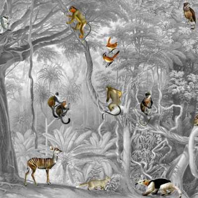 Wallpaper features a dense jungle scene with various animals: monkeys, birds, and a leopard on tree branches; an okapi and small mammals on the ground. Background has detailed foliage and jungle plants in grayscale, highlighting natural intricacies. Elements include animals, trees, detailed leaves; colors are mainly grayscale for foliage with subtle shades for animals.