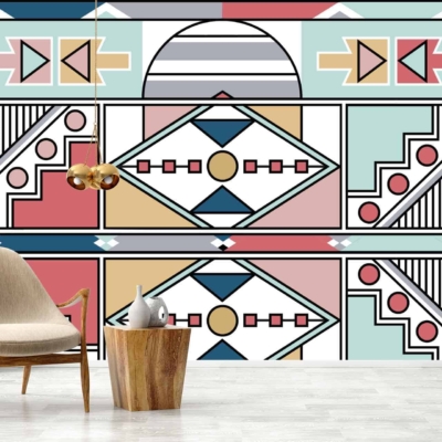 The wallpaper features a vibrant, Ndebele-inspired geometric mural with intricate patterns in red, green, blue, and beige.