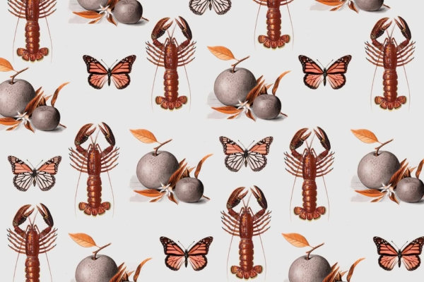 A repeating pattern featuring illustrations of lobsters, butterflies, and apples with leaves on a light background. These elements are evenly spaced and depicted in a Nineteen Eighty vintage style with warm colors such as burnt orange, mustard yellow, soft red, forest green, and muted brown.