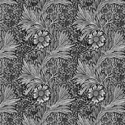 An intricate black-and-white floral pattern features large, stylized flowers with detailed petals, surrounded by smaller leaves and floral elements. This dense, repeating design evokes the essence of classic wallpaper, showcasing timeless elegance with no filter. Key elements: black-and-white palette, large detailed flowers, smaller leaves and floral motifs.