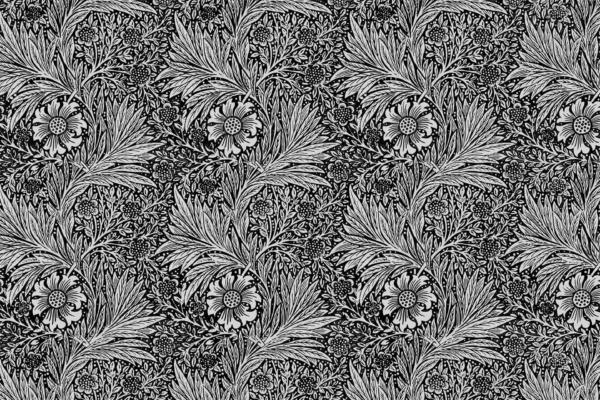 An intricate black-and-white floral pattern features large, stylized flowers with detailed petals, surrounded by smaller leaves and floral elements. This dense, repeating design evokes the essence of classic wallpaper, showcasing timeless elegance with no filter. Key elements: black-and-white palette, large detailed flowers, smaller leaves and floral motifs.