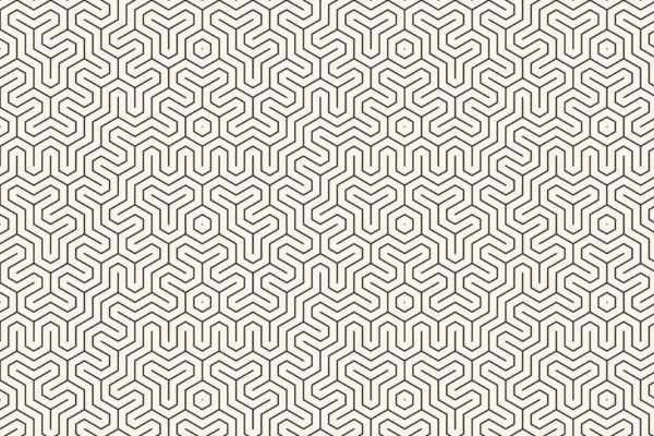 Seamless geometric pattern wallpaper, interlocking hexagonal shapes, intricate line work, labyrinthine design. Monochromatic black lines on light beige background. Visually complex and repetitive motif.