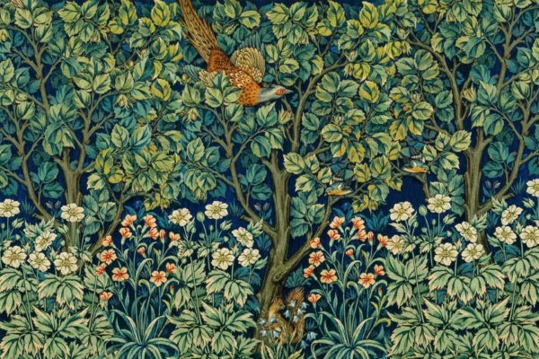 Rich wallpaper design features a lush forest scene with a bird among leafy tree branches. Beneath, colorful meadow blooms with daisies and lilies. Deep blue hues highlight greenery in the background.