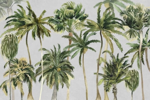 Illustration of diverse green palm trees with detailed leaves on a light gray background, portraying island serenity. Varied heights and leaf styles create a lush, tropical look. Elements to highlight: green palm tree leaves, varied heights, tropical foliage, serene island beauty, light gray background. Colors include shades of green for the palms and light gray backdrop.