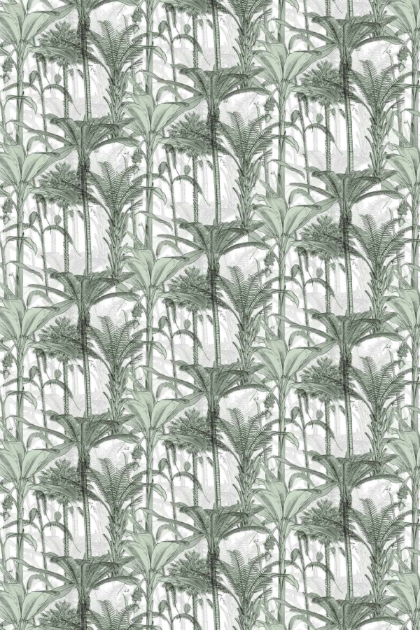Wallpaper features: intricate hand-drawn greenery, tall leafy plants, delicate ferns, charming palm ladders, light background, lush botanical design. Repeated uniformly for a dense and harmonious effect. Colors: various shades of green on a pale backdrop.