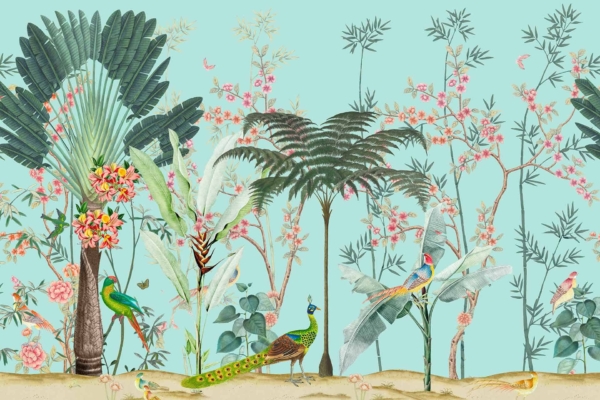 A whimsical wallpaper illustration of a tropical scene features various birds perched among lush, colorful plants and trees with pink blossoms. The light teal background enhances the vibrant colors. Palm trees and ferns add to the sense of vibrant "palm therapy" through exquisite details and colors such as varying shades of green, rich pinks, and bright hues on bird feathers.
**Elements:**
- Birds
- Lush plants
- Pink blossoms
- Light teal background
- Palm trees
- Ferns
**Colors:**
- Light teal (background)
- Shades of green (plants/trees/ferns)
- Rich pinks (blossoms)
- Bright hues (bird feathers)